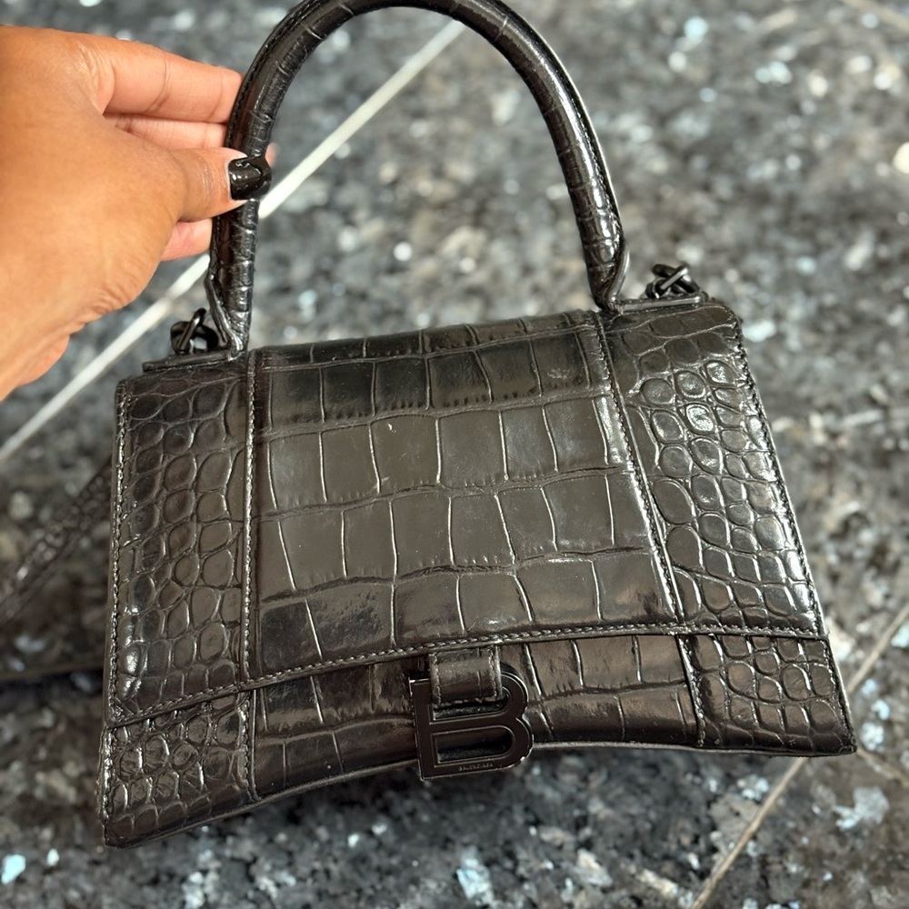 Balenciaga Black Top Handle Crocodile-Embossed Mini Bag